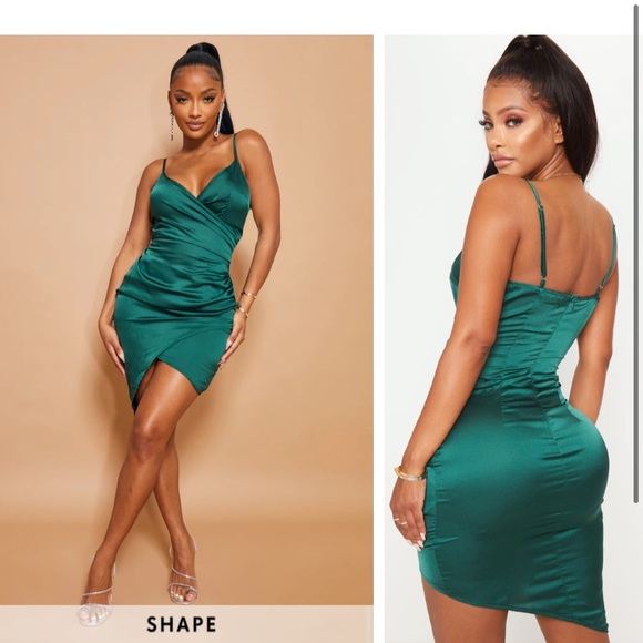 shape emerald green satin wrap dress satin dress silk Emerald Green Silk Satin Dress V Neckline-parroquiadesanalbertomagno.com